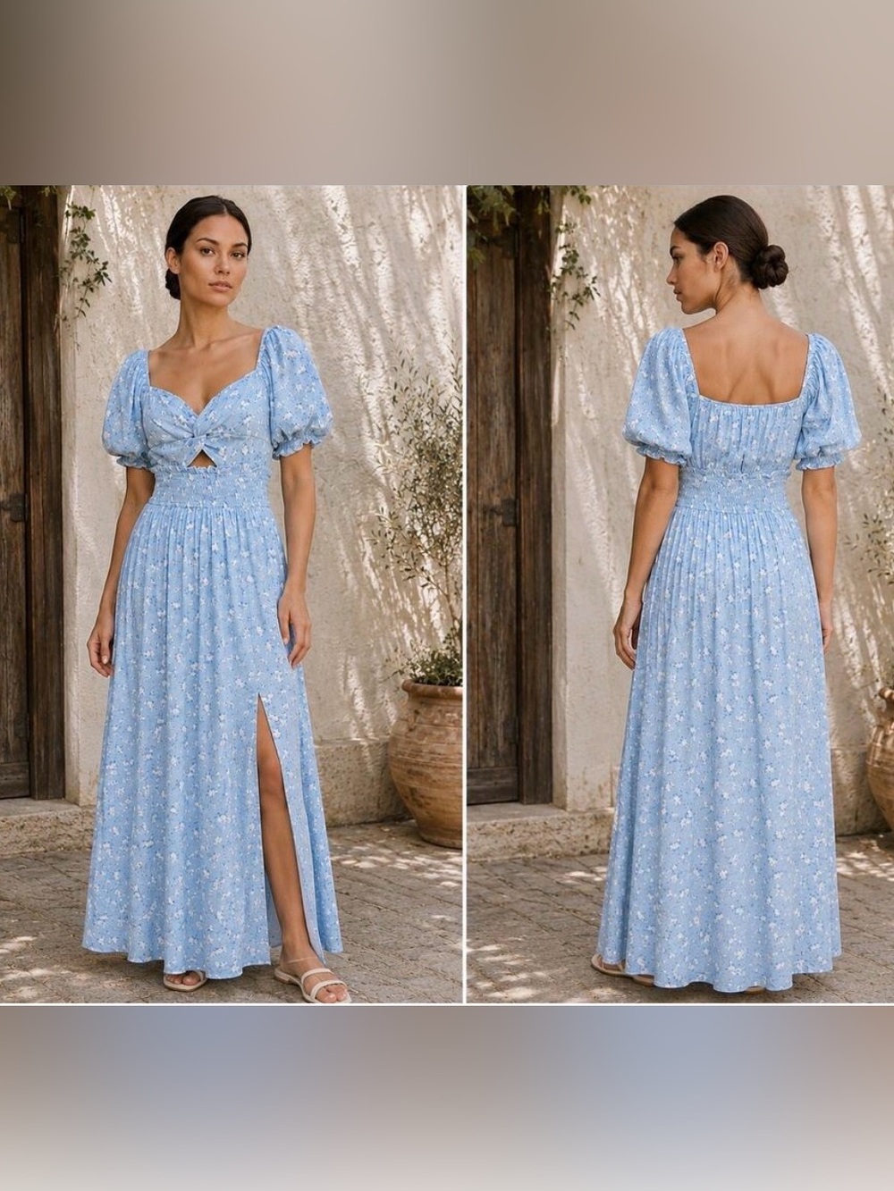 Altar’d State Blue Floral Puff Sleeve Maxi Dress with Front Slit - Tag Attached